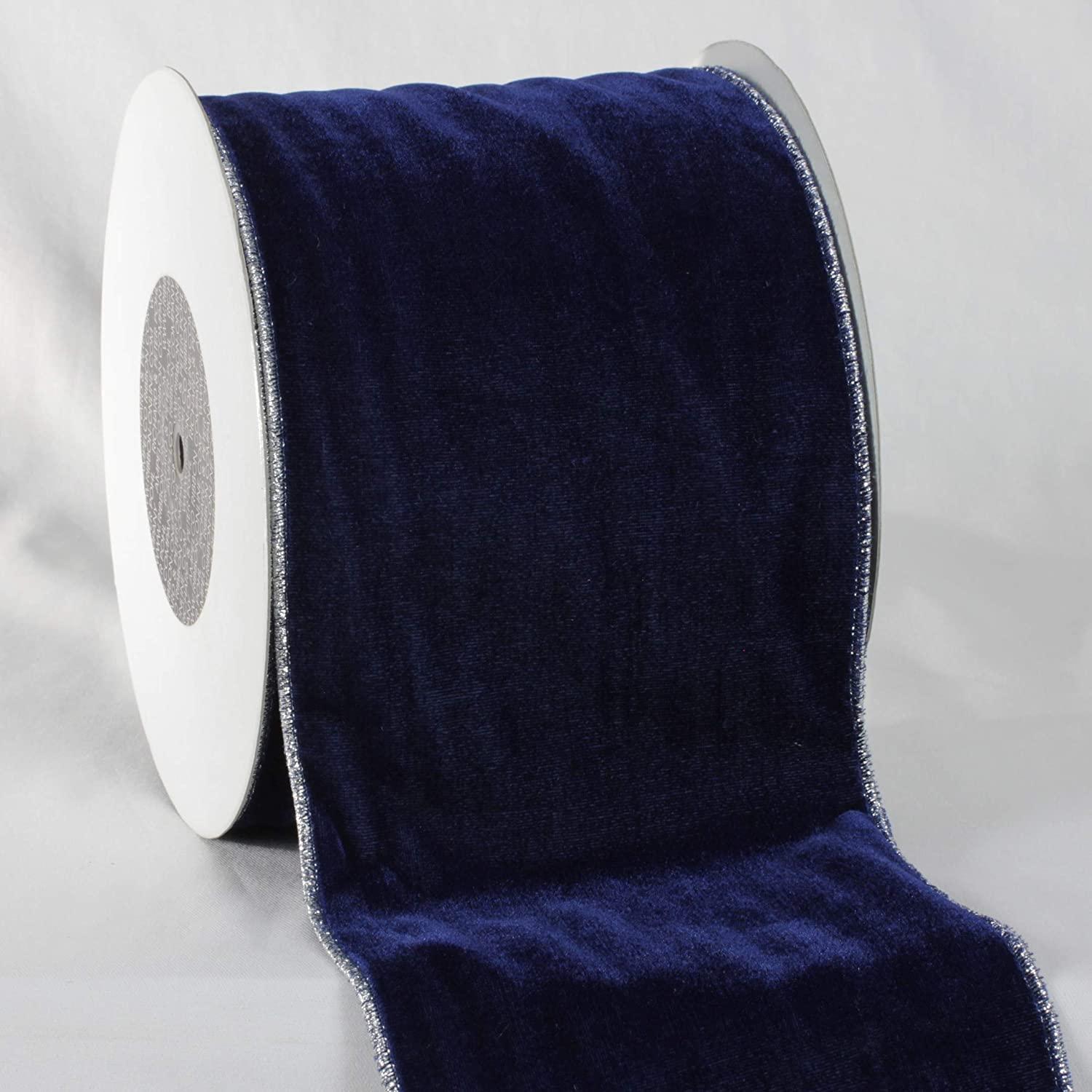 Navy Blue & Silver Colored Woven Edge Soft Velvet Ribbon 2 x 20 Yards